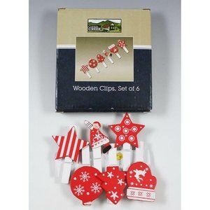 Cobble Creek Wooden Clips Boxed Set of 6 Holiday Christmas Clothespin Style